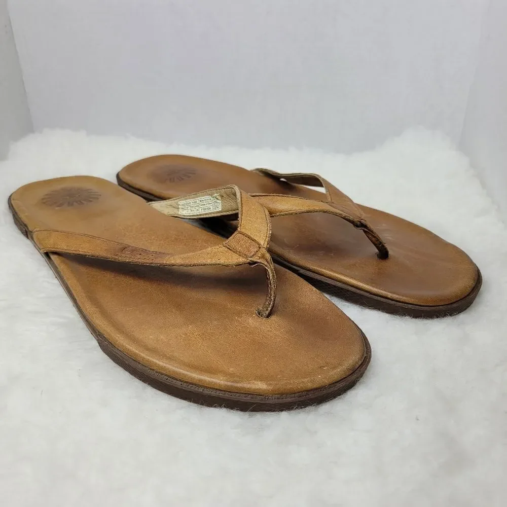 UGG Bennison II Brown Solid Leather Comfort  Flip Flop Sandal Shoes Size 14